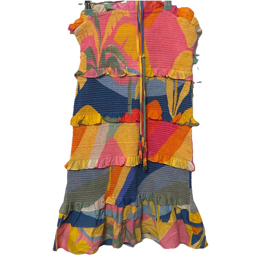 Farm Rio Tropical Sunset Smocked Tiered Mini Dress Shoulder Straps Medium
